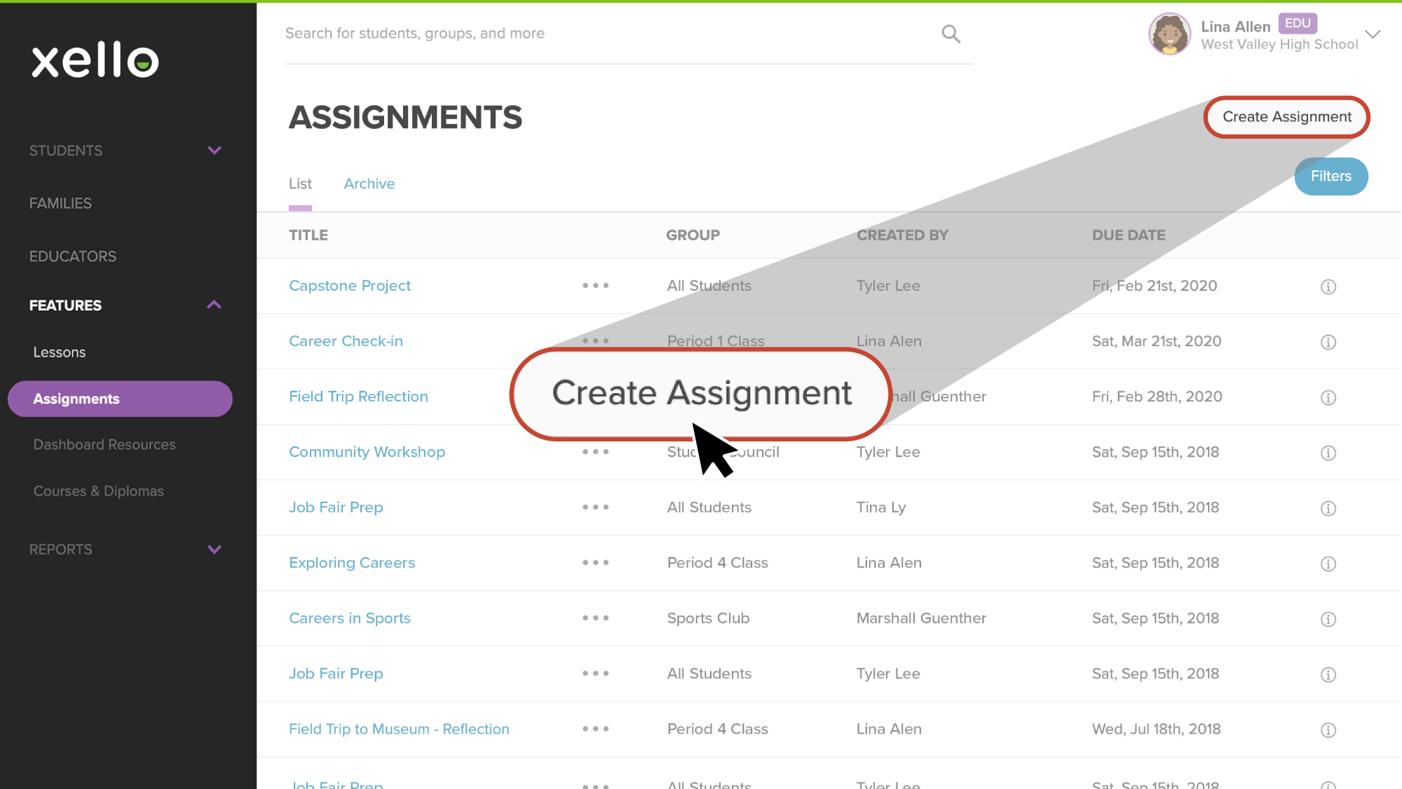Assignments page in Xello. A list of assignments. Create Assignment button is highlighted and cursor is hovering over